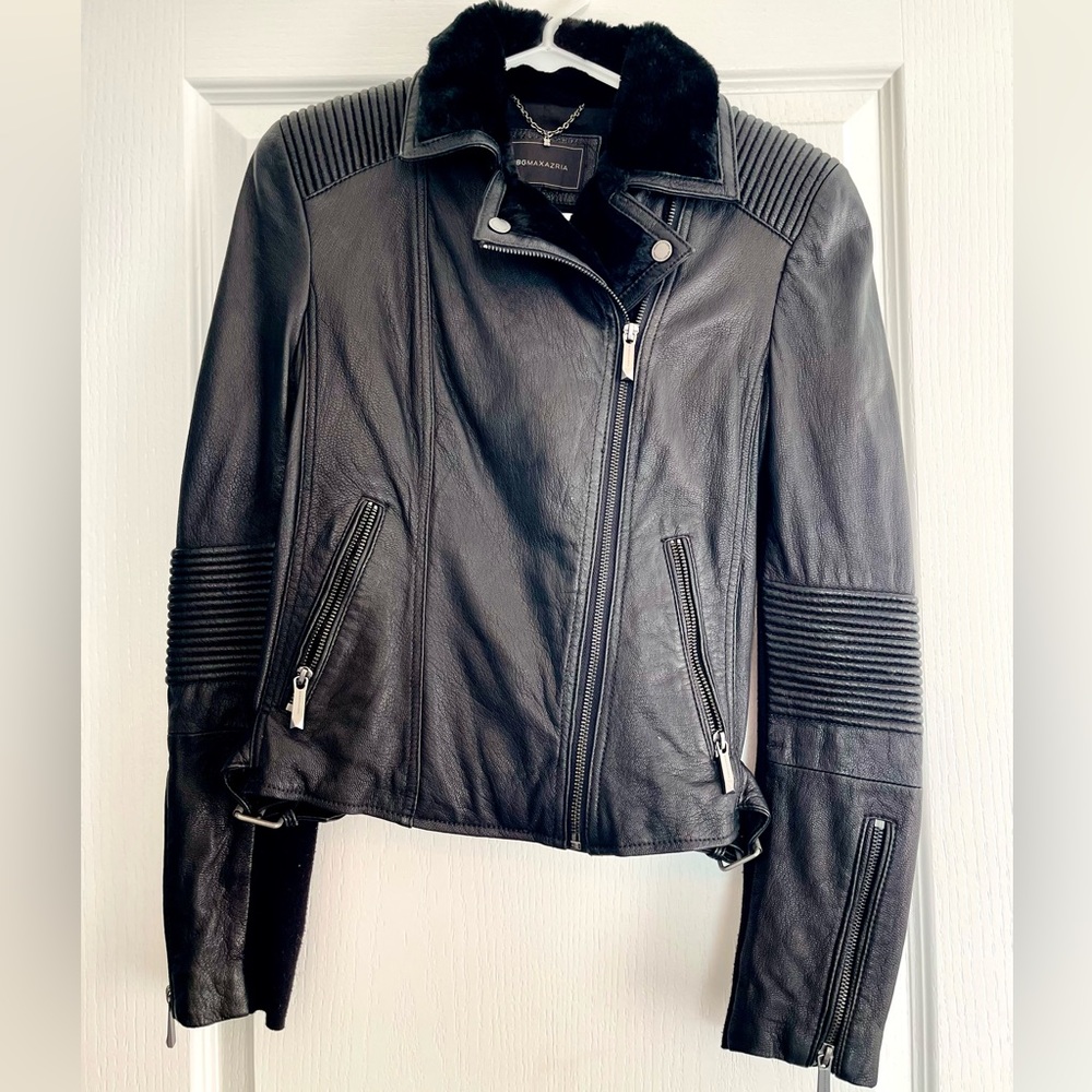 BCBGMAXAZRIA Faux Fur Leather Jacket Black
